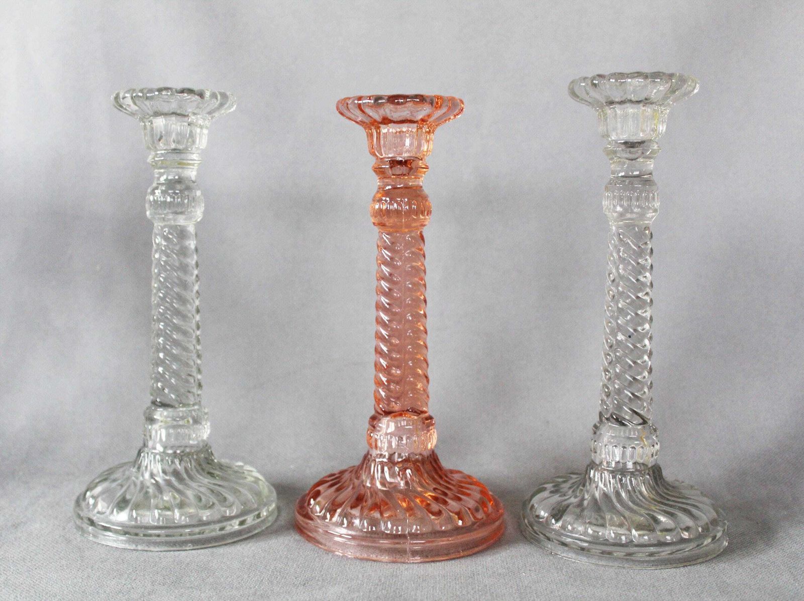 Three Art Deco Pressed Glass Candlestick Holder, Clear And Pink Rosaline Candle Holder, Scailmont Or Durover Belgium, Twisted Design