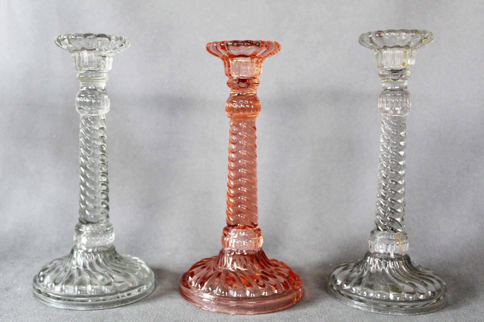 Three Art Deco Pressed Glass Candlestick Holder, Clear And Pink Rosaline Candle Holder, Scailmont Or Durover Belgium, Twisted Design photo 64.0