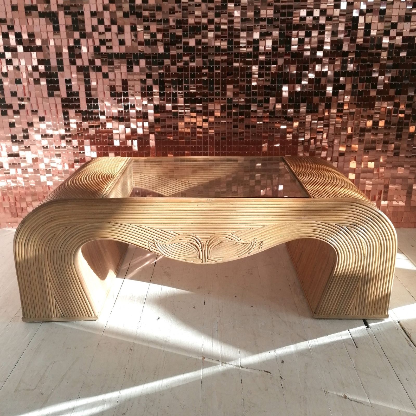 Gorgeous Vintage Large Waterfall Pencil Reed / Cane Coffee Table With Inset Glass Top. USA, C1980s.