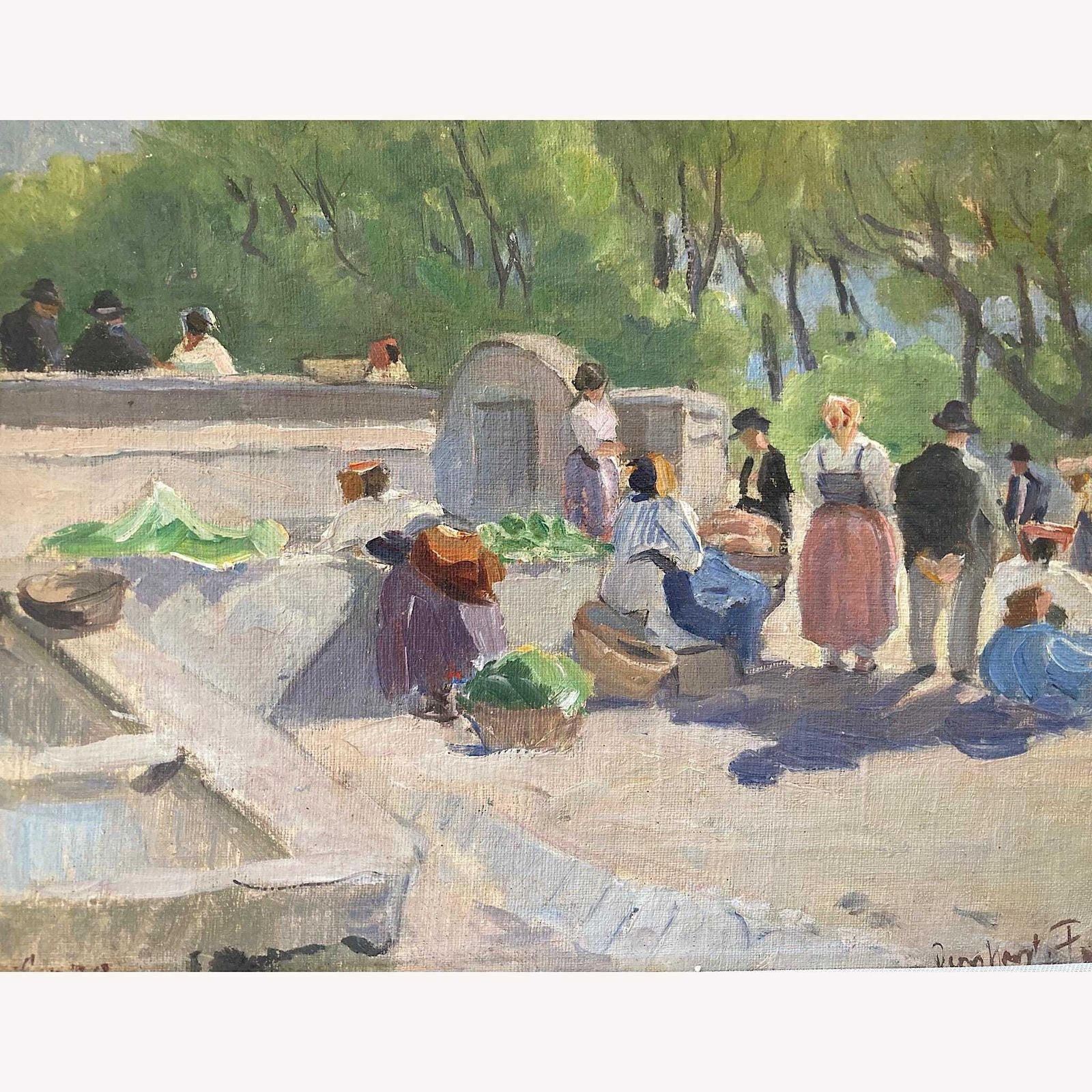 photo furniture Sunlit Town Square Antique Original Oil On Canvas Impressionist Painting In A Southern European Setting