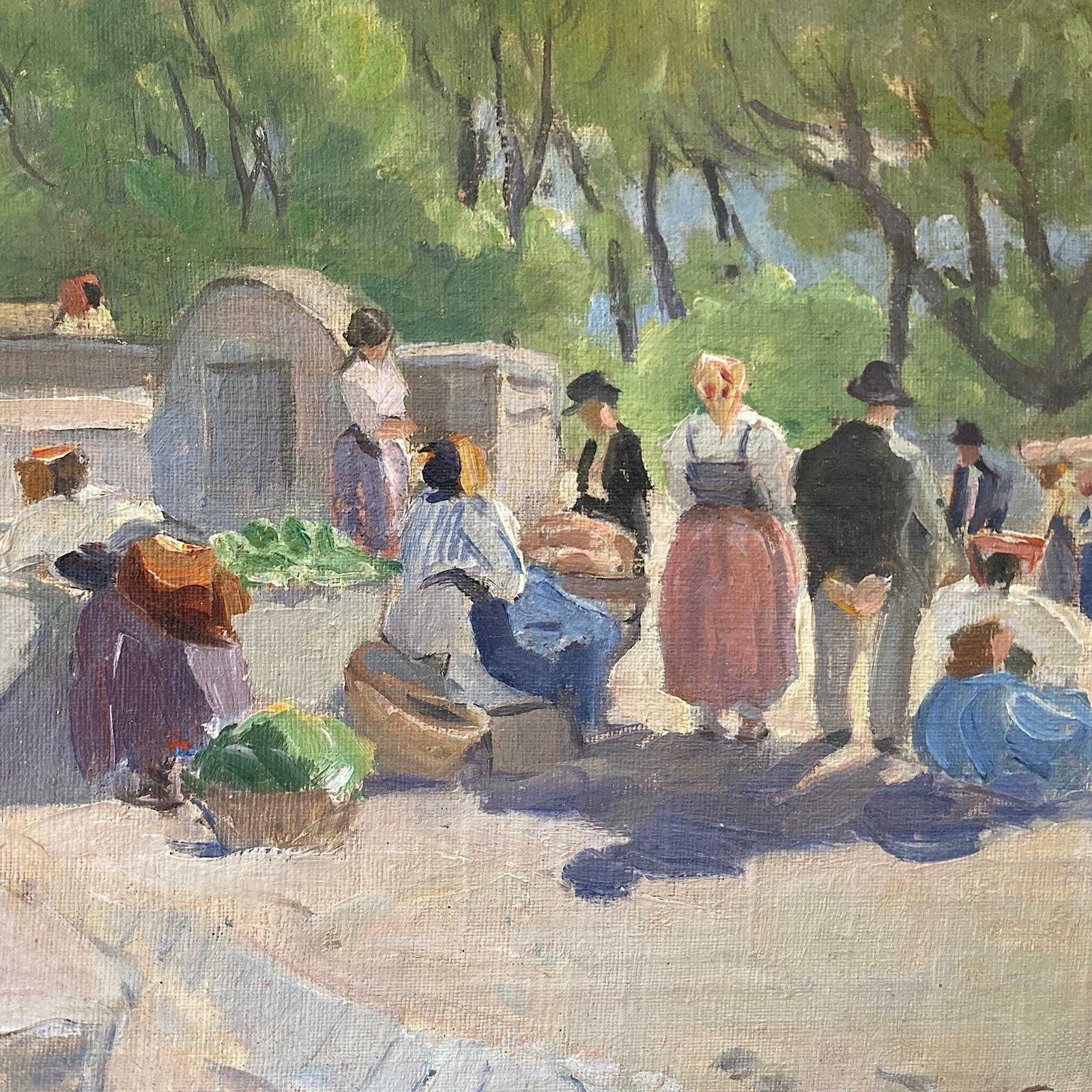 photo for sale Sunlit Town Square Antique Original Oil On Canvas Impressionist Painting In A Southern European Setting
