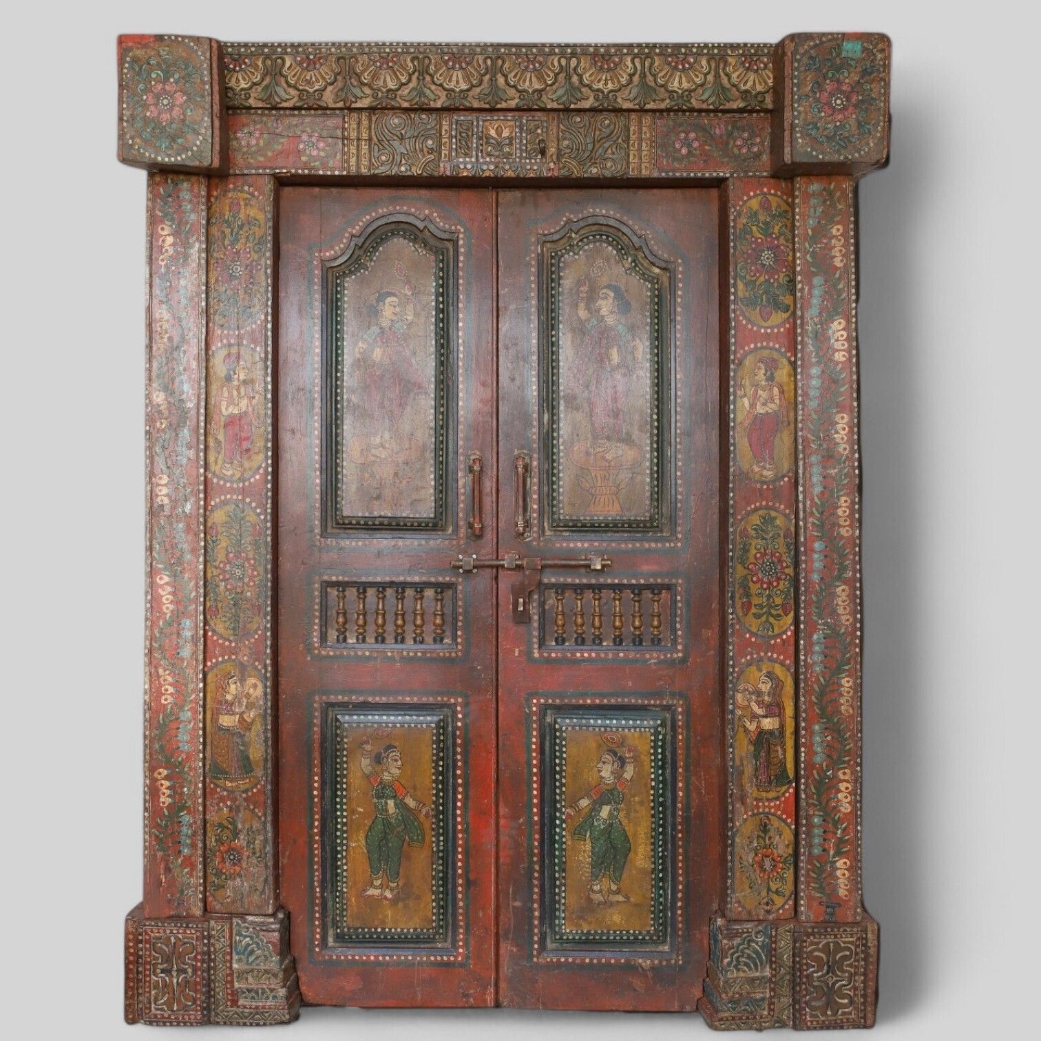 Antique 18th Century Rajasthani Painted Door With Frame – Miniature Artwork, Lotus Carvings & Iron Bolt