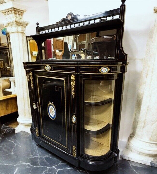 Victorian French Empire Credenza With French Porcelain Plaques And Ormolu.