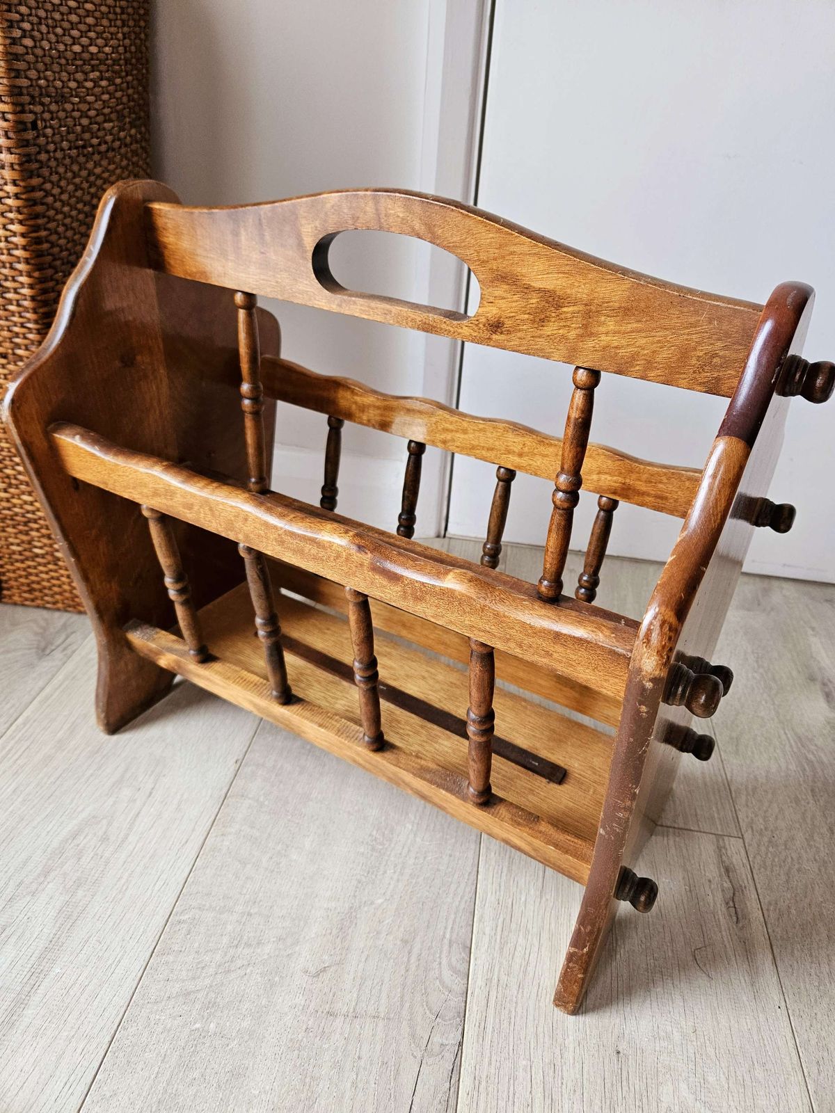 Mid Century Magazine Rack In Polished Wood photo for sale