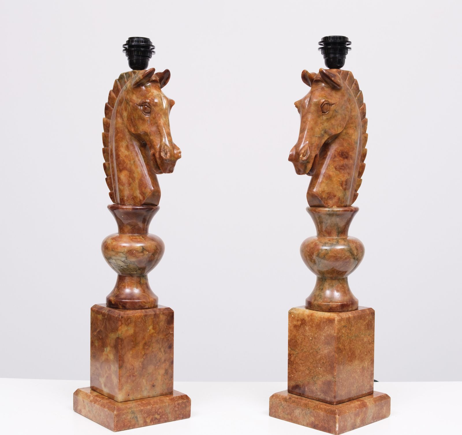 Large Horse Head Chess Knights Carved Alabaster Lamps Italy 1960s photo 2324.0