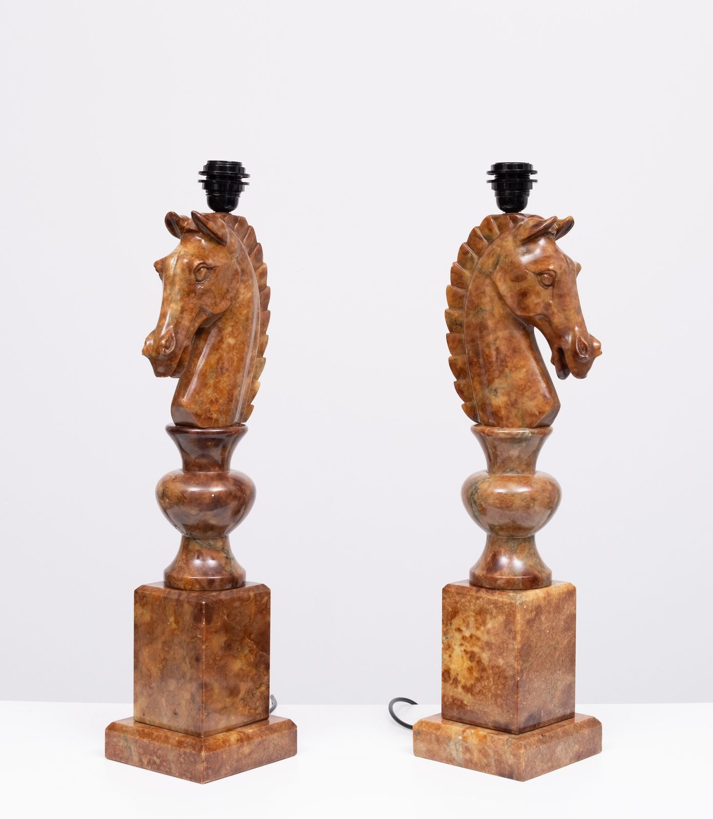 photo vintage Large Horse Head Chess Knights Carved Alabaster Lamps Italy 1960s