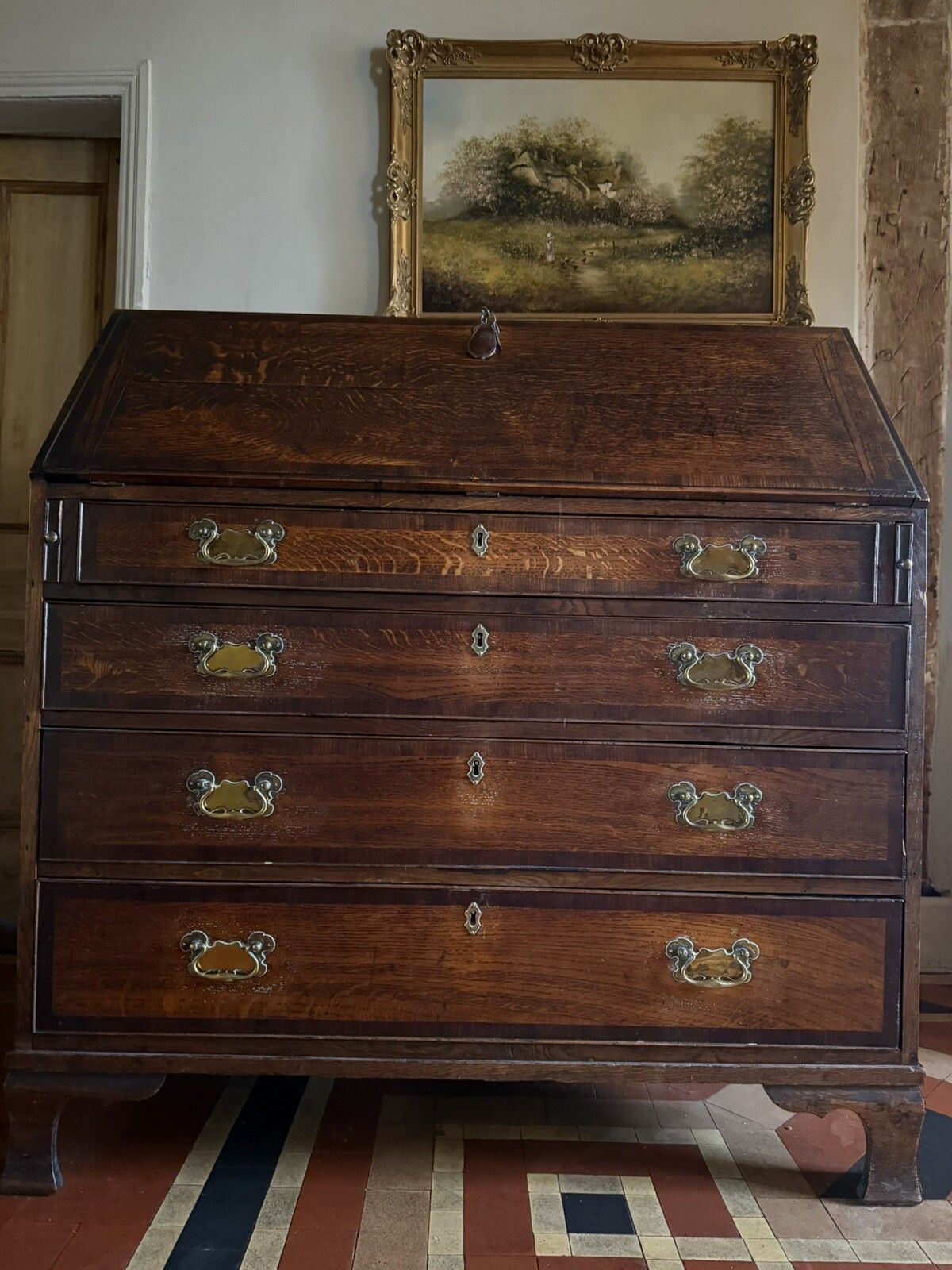 English Georgian Antique  Oak Bureau Writing Desk Chest Of Drawers Desk 1700's photo for sale