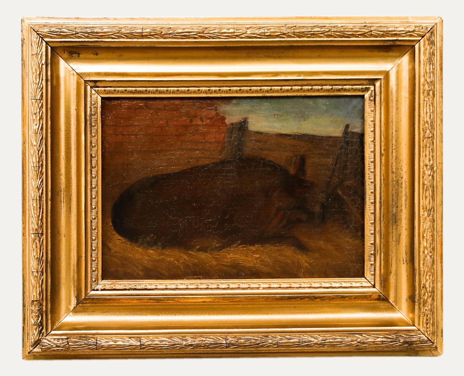Folk Art Early 20th Century Oil Large Black Pig
