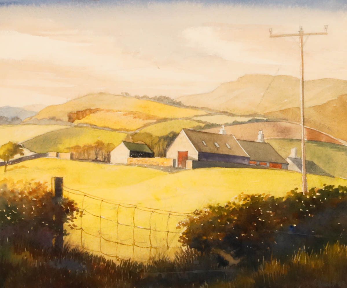 A. Strong  1969 Watercolour, Farmhouse In The Hills photo furniture