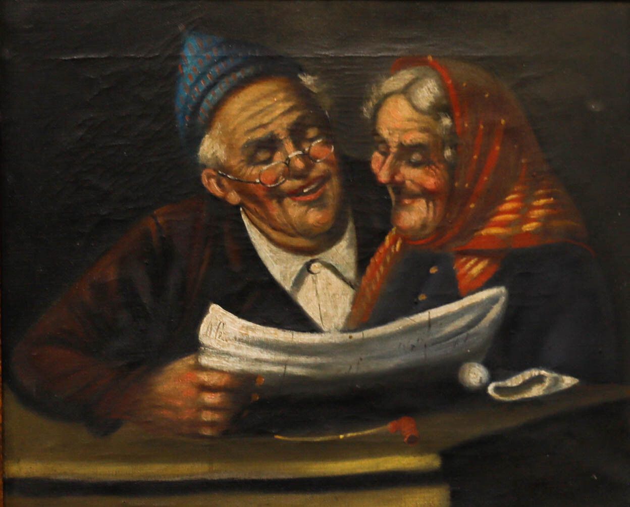 Italian School Early 20th Century Oil Old Couple Reading photo furniture