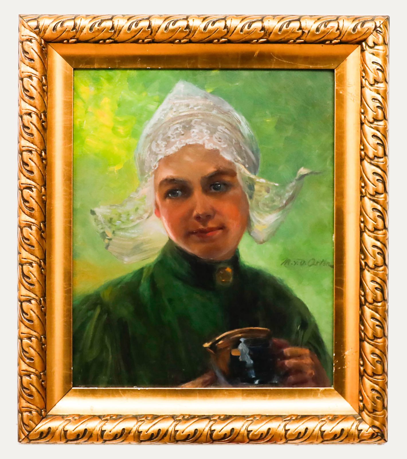 Marie Von Der Osten (B.1856) Late 19th Century Oil, Dutch Girl With A Teacup