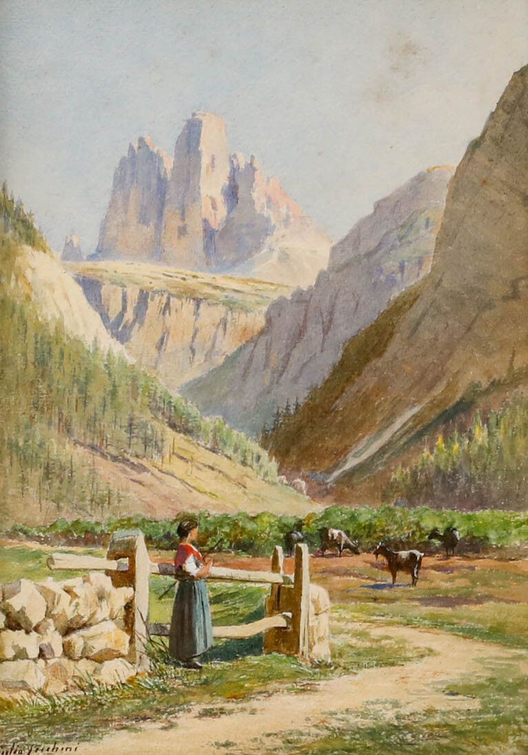 Framed Early 20th Century Watercolour Mountain Goats Busy Grazing photo furniture
