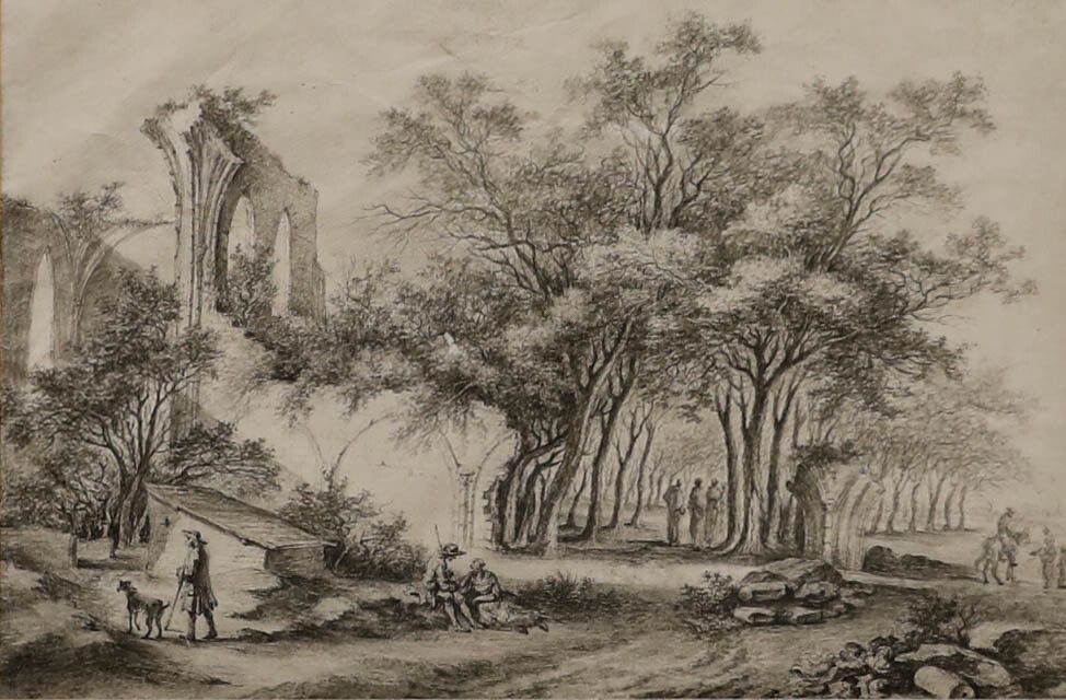 Framed 19th Century Watercolour Wooded Landscape With Abbey Ruins photo furniture