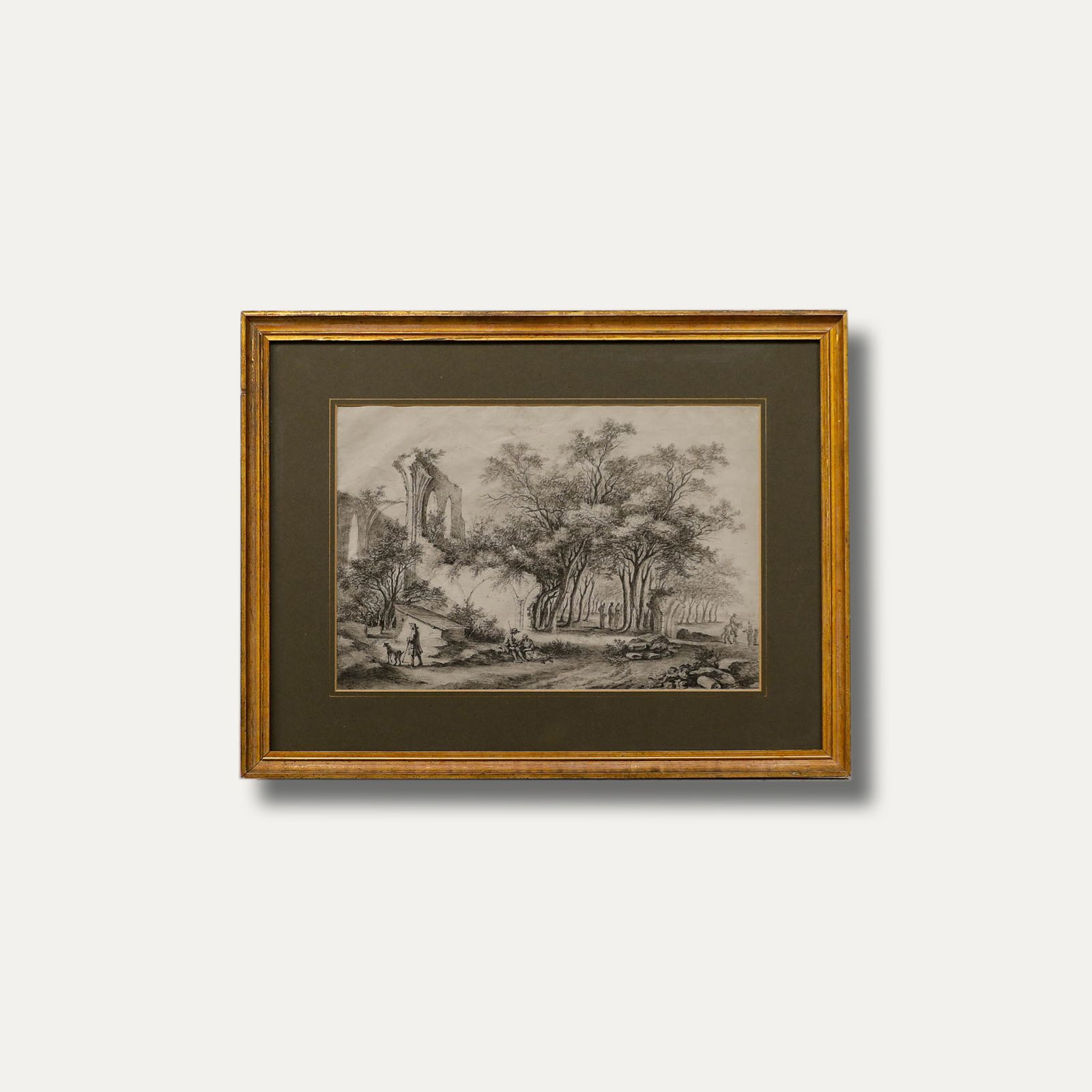 Framed 19th Century Watercolour Wooded Landscape With Abbey Ruins photo vinterior