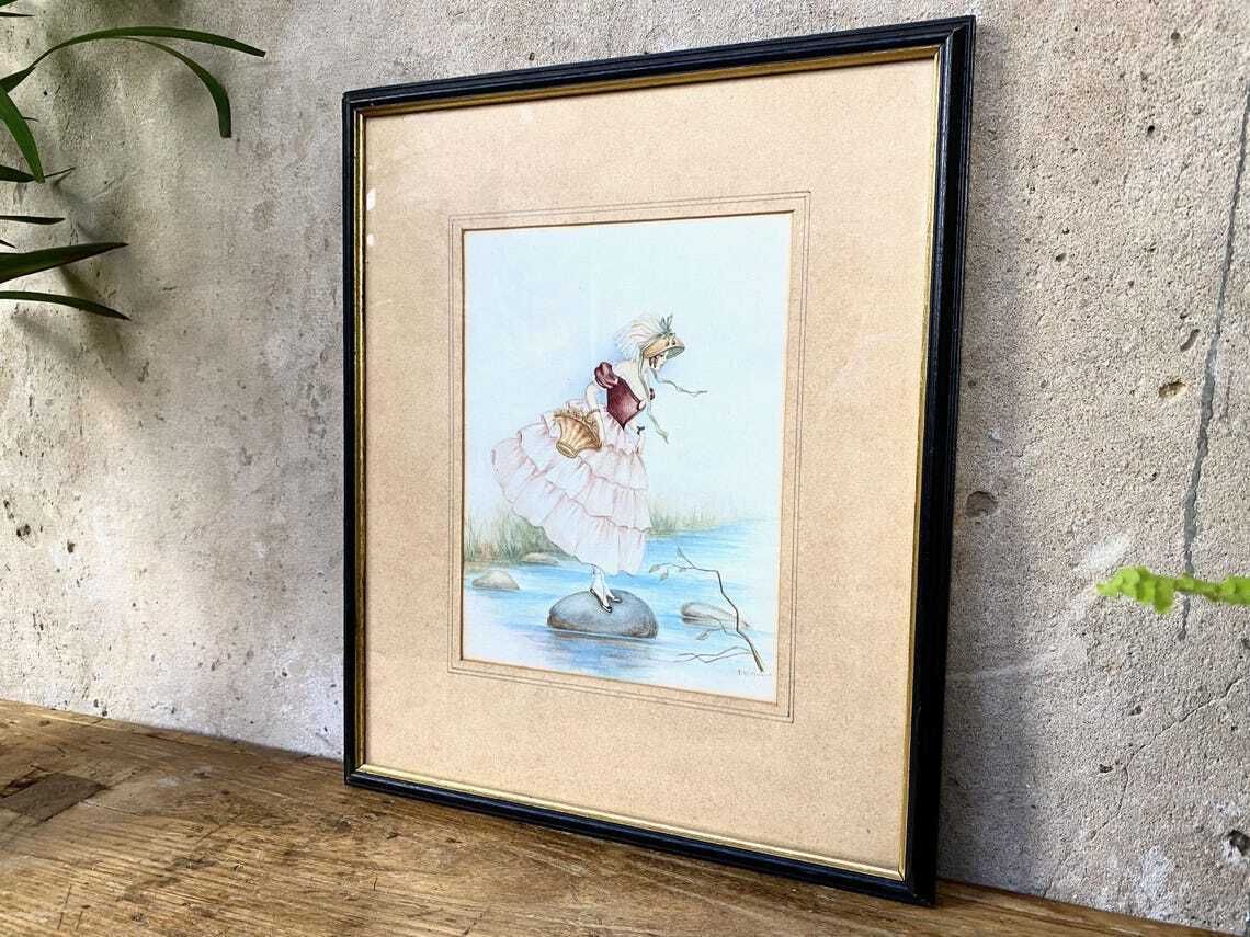 photo furniture Antique R Mcfarlane Watercolour Painting Lady By A River Signed