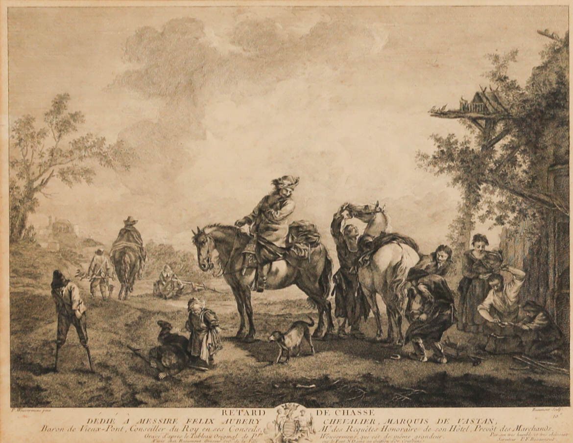 Pierre François Beaumont (1719 1777)  18th Century Engraving, Hunting Delay photo furniture