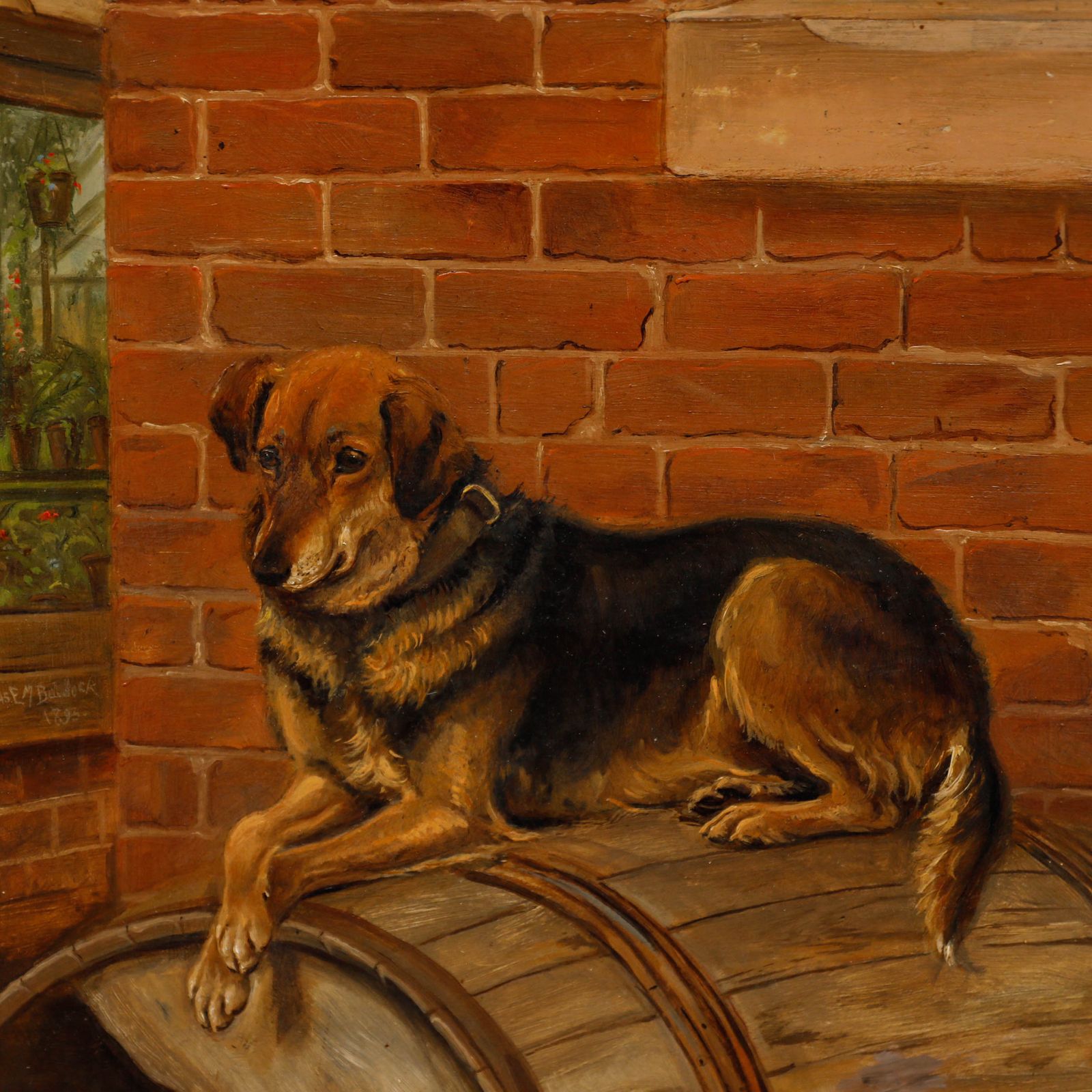 Charles Edwin Baldock (1876 1941)  Framed Oil, Farm Dog Resting On A Barrel photo 367.0