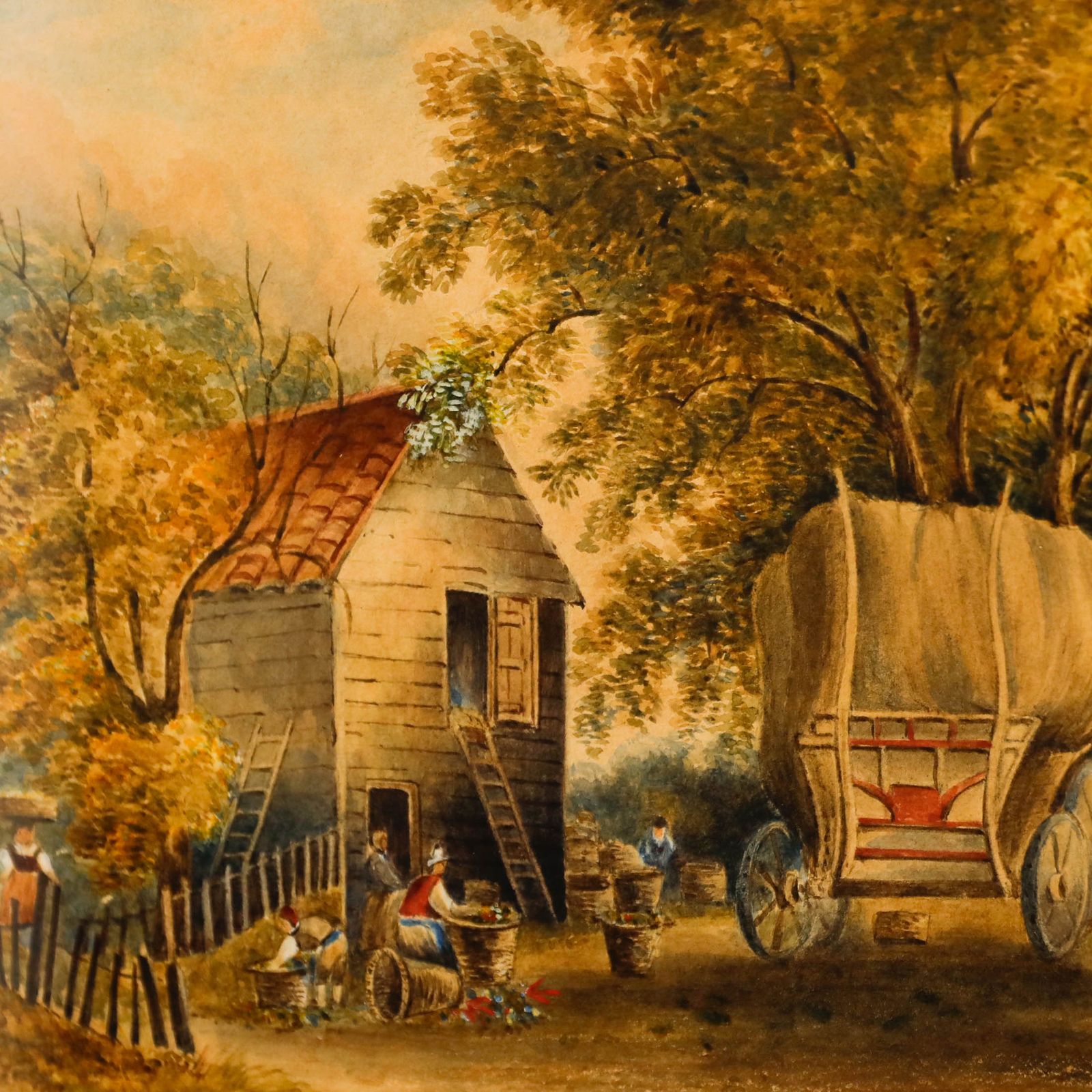 French School 19th Century Watercolour Flower Harvesters At The Farmstead photo Art