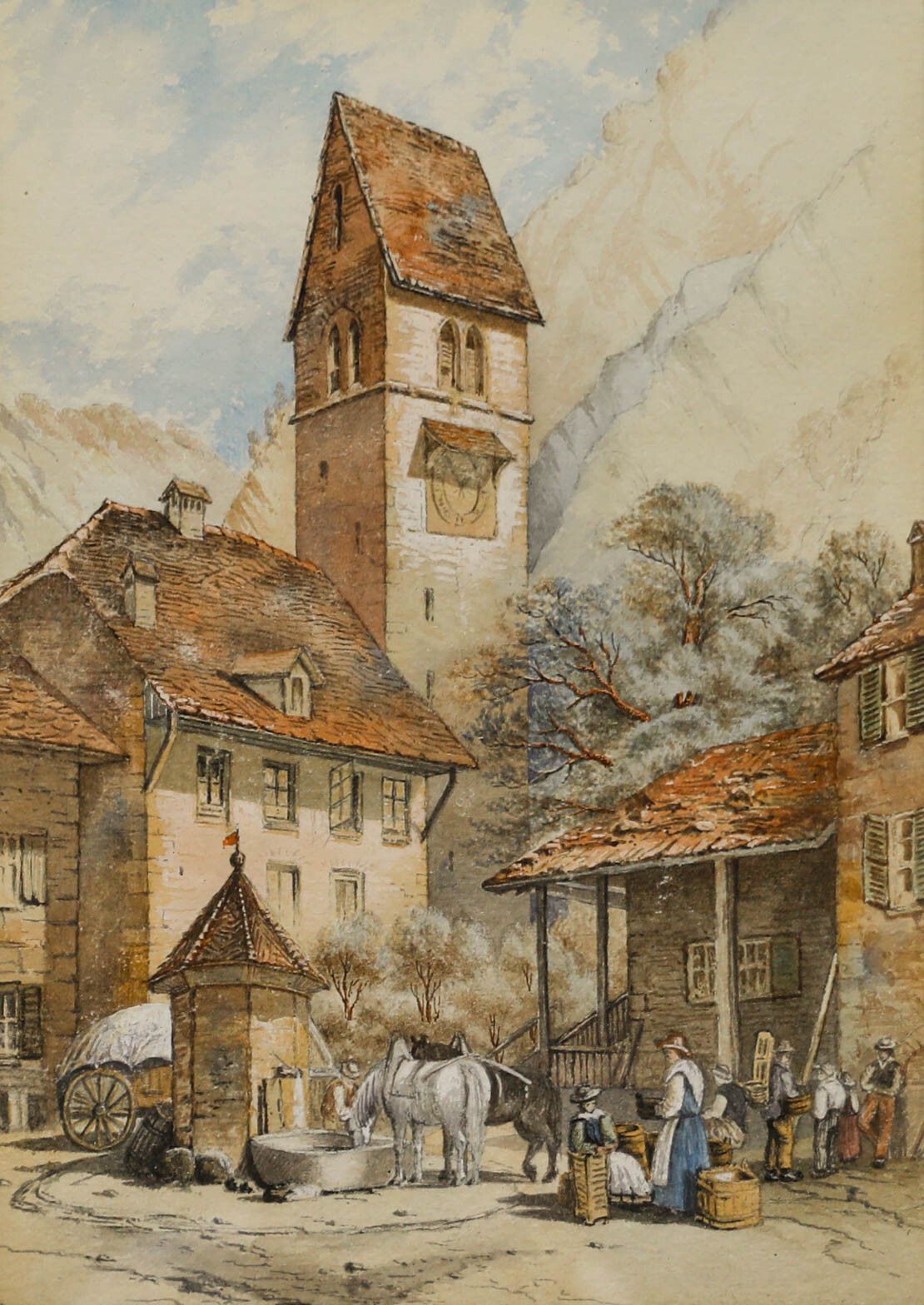 19th Century Watercolour Gathering By The Well photo furniture