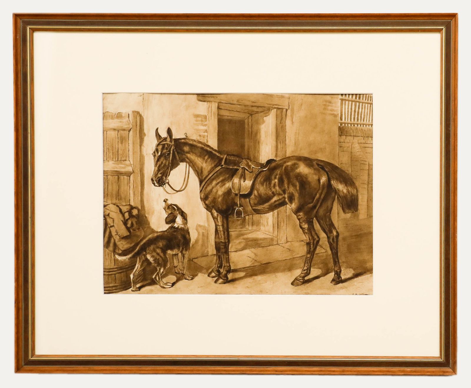 Edith Mary Cottam (1864 1942) Framed Watercolour, Saddled Hunter With Hound