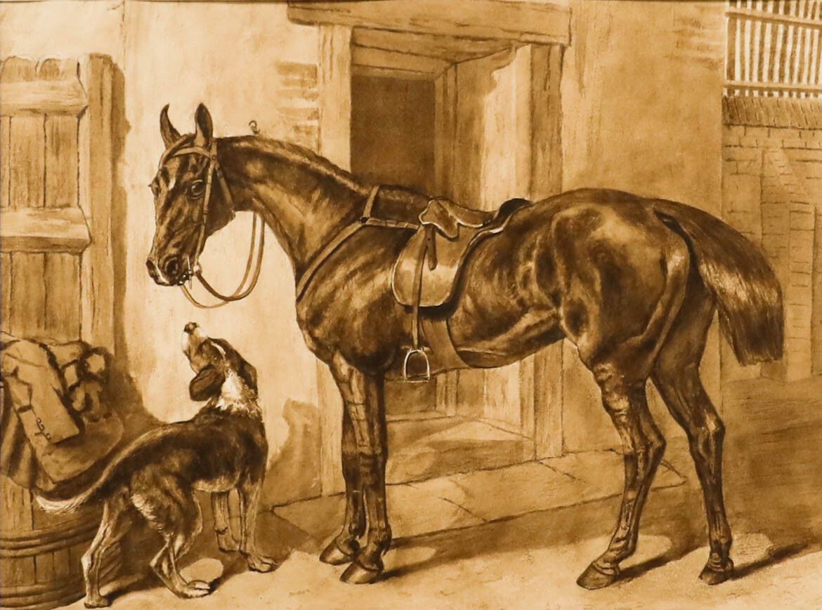 Edith Mary Cottam (1864 1942) Framed Watercolour, Saddled Hunter With Hound photo furniture