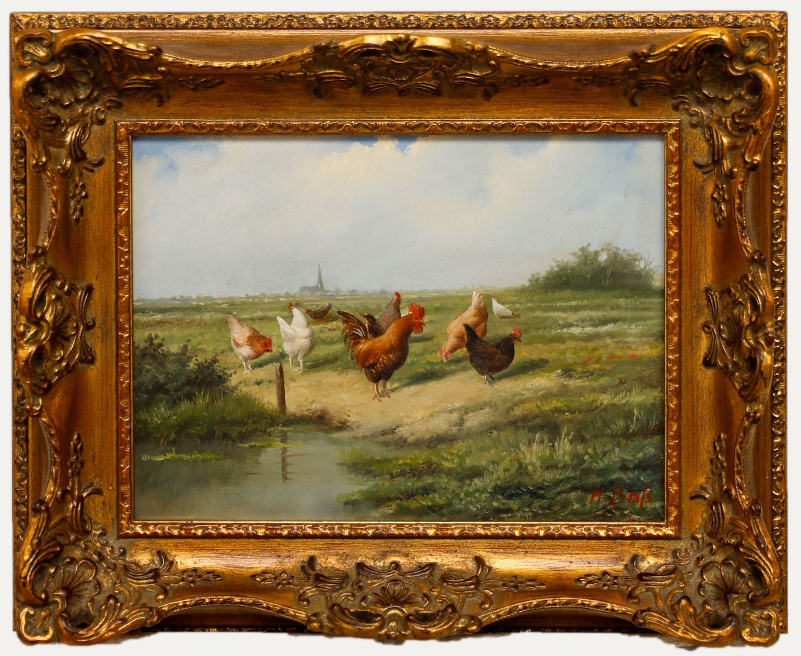 Hilaire Bals (B.1940) Belgium School Oil, Cockerel & Hens In A Landscape