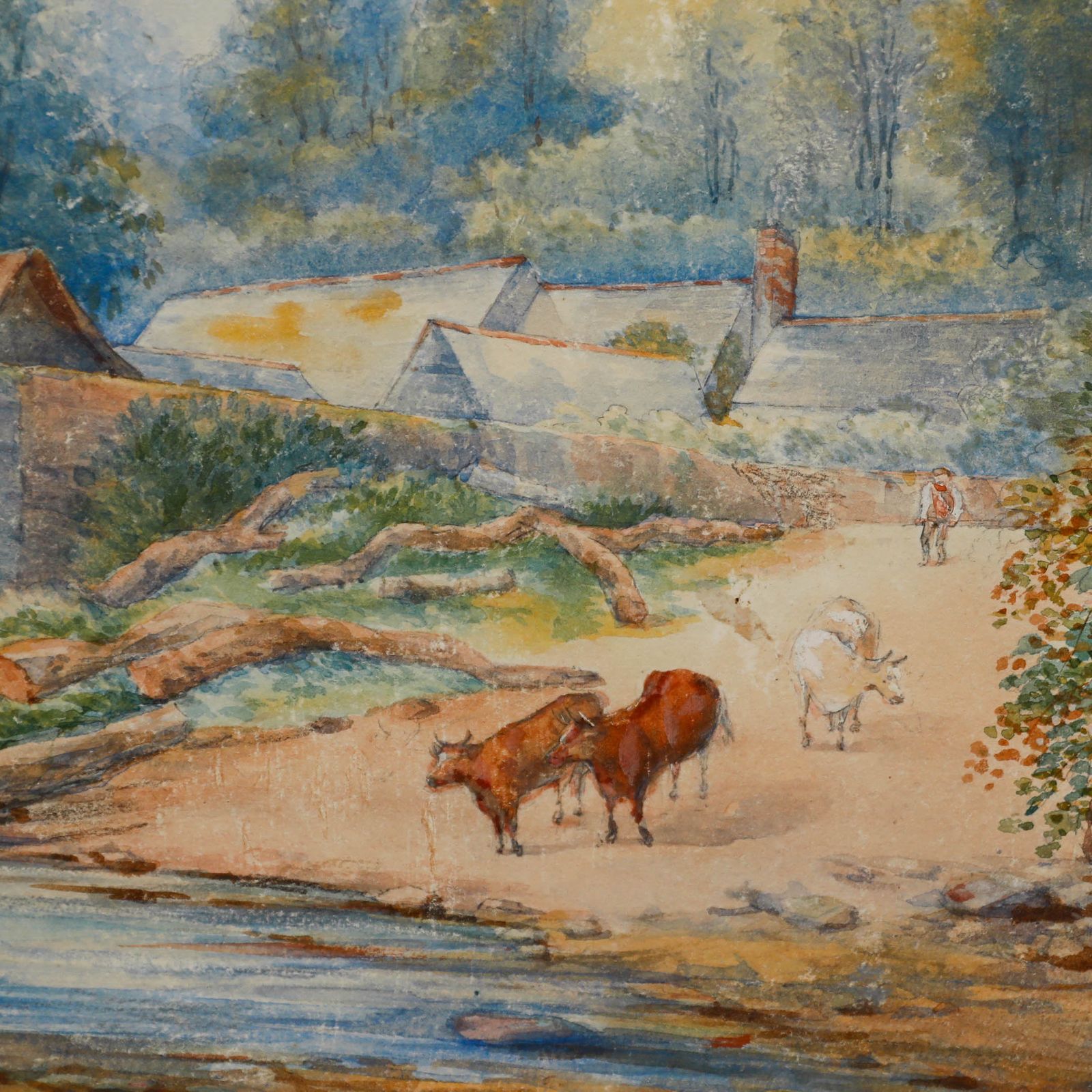 Framed Late 19th Century Watercolour Drover Moving Cattle photo Art