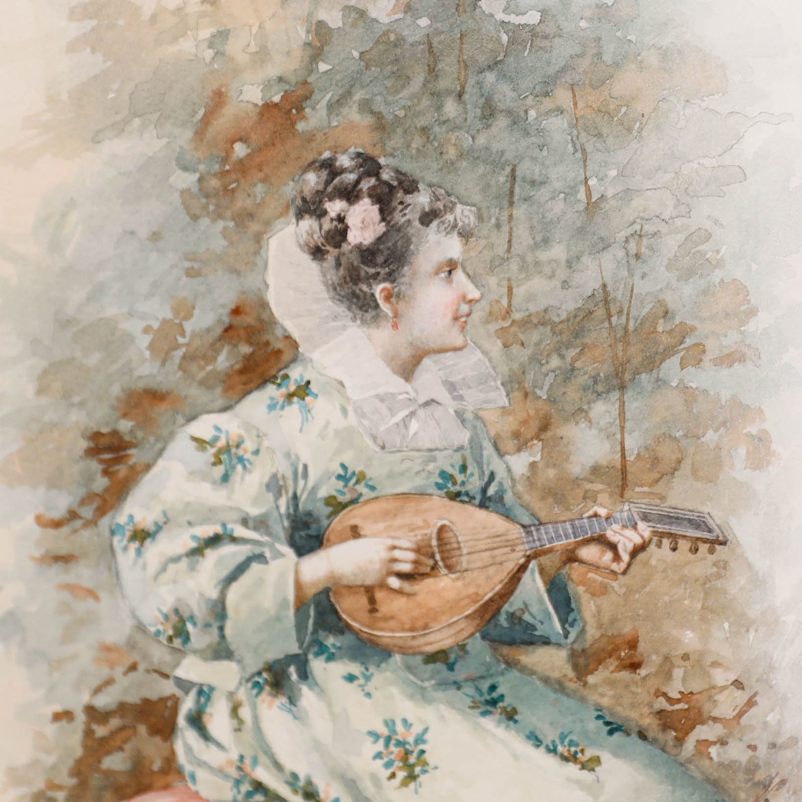 Manner Of Aurelio Roberti (1842 1915) Watercolour, Woman With A Lute photo Art