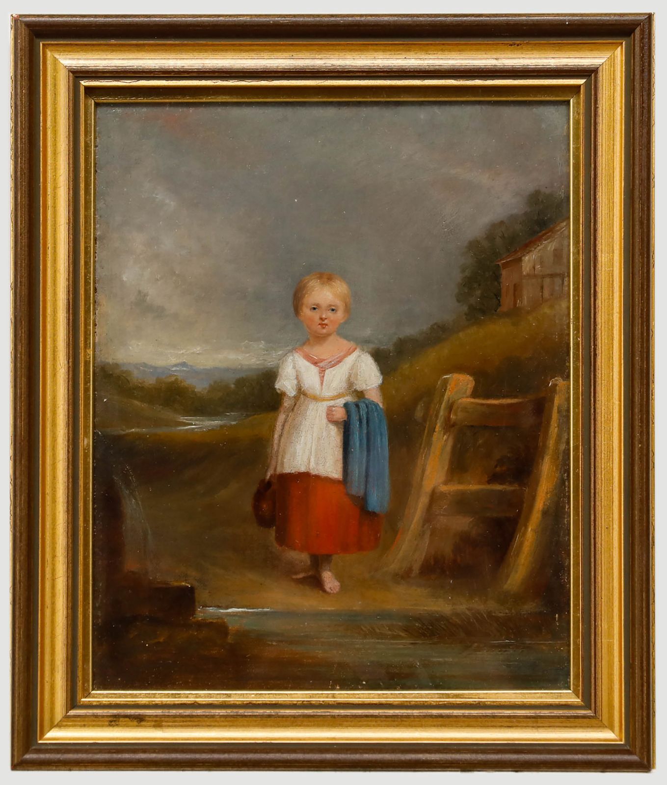 Fine English School 19th Century Oil Portrait Of A Girl Fetching Water