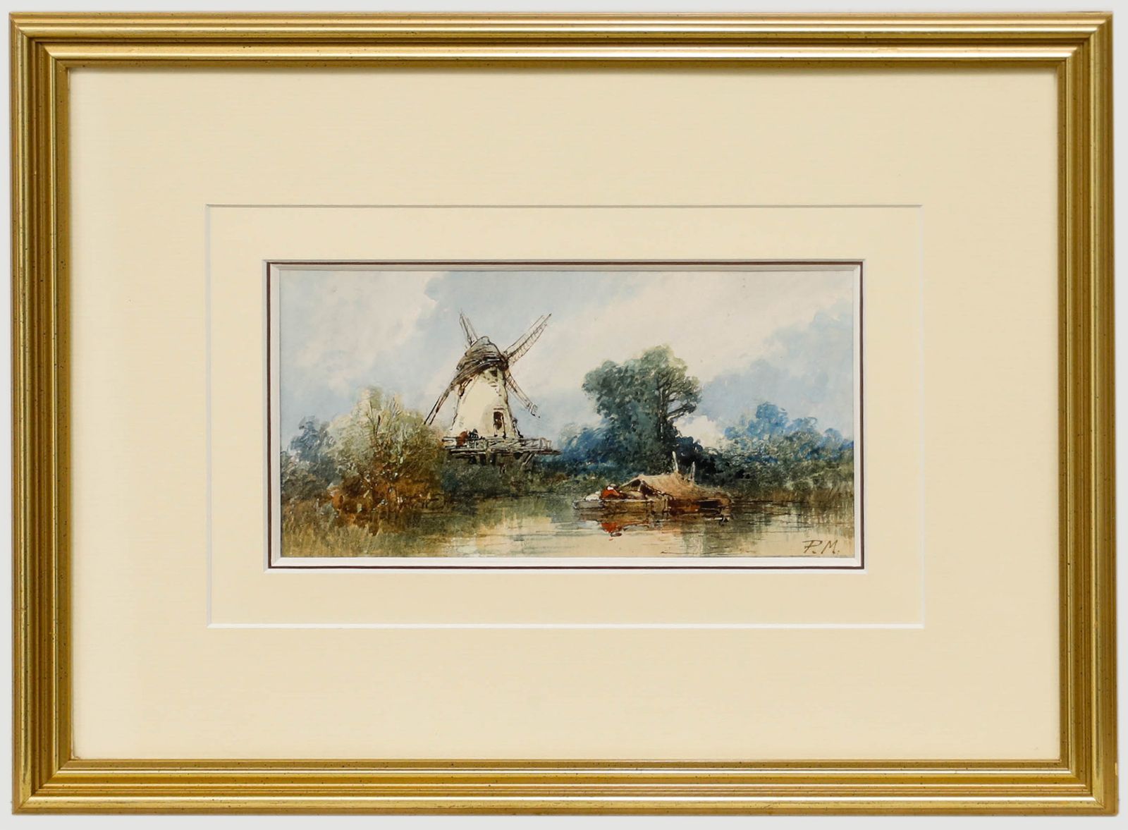 Paul Marny (1829 1914) Framed Watercolour, A Lakeside Windmill