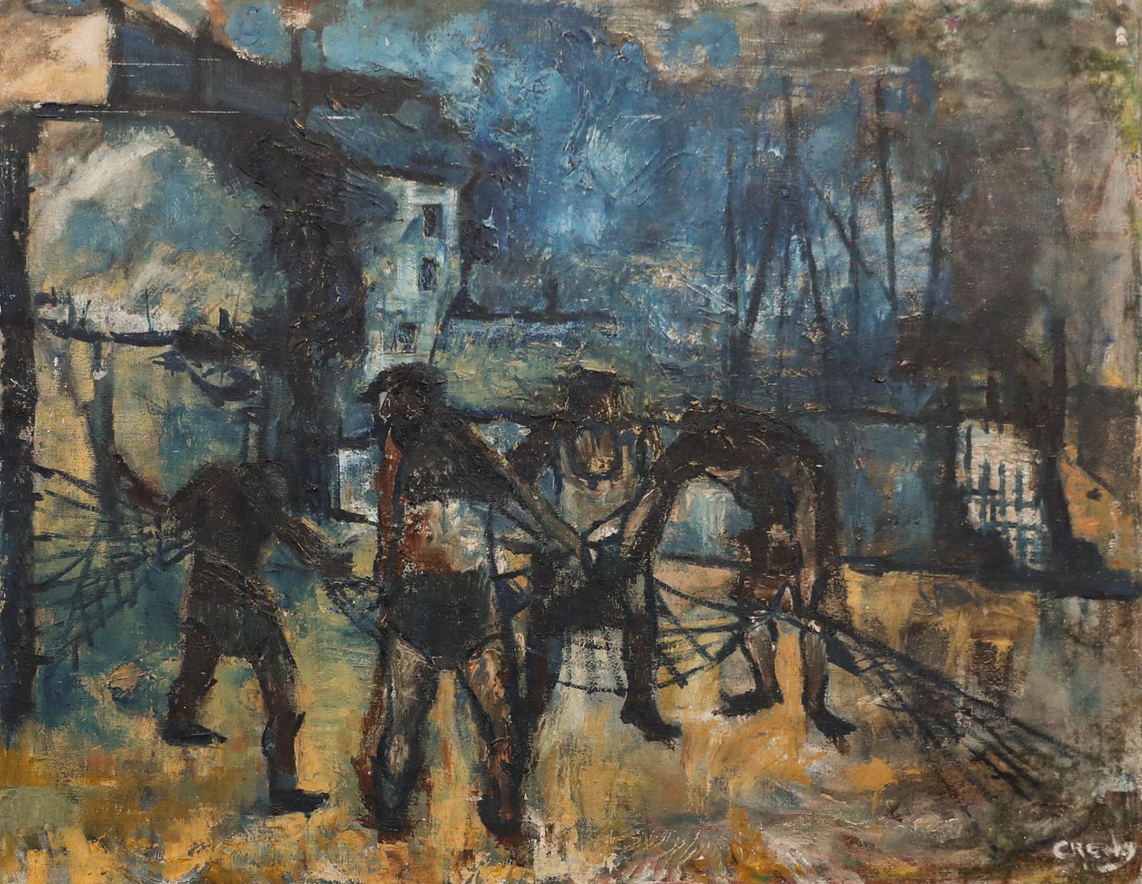 Margaret (Johnny) Crosby Mid 20th Century Oil, Hauling Nets, Liverpool Docks photo furniture