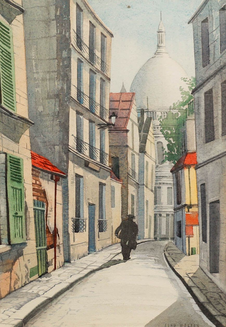 John Weston 20th Century Watercolour, Walking To The Scare Coeur photo furniture