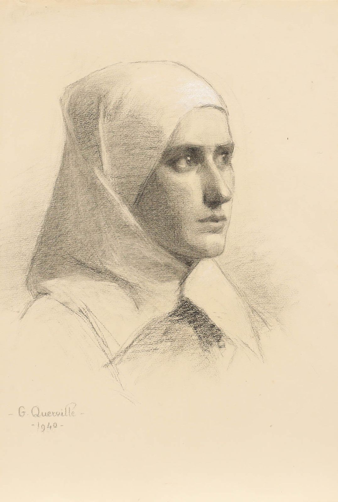G. Querville French School 1940 Charcoal Drawing, Portrait Of A Nun photo furniture