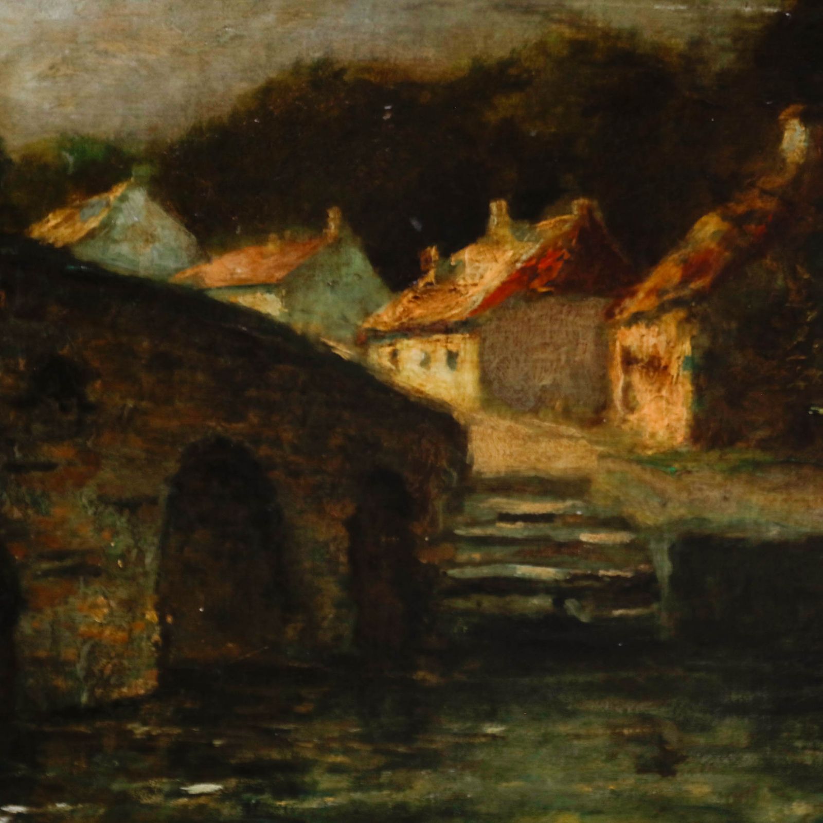 Framed 20th Century Oil Cottages By The Bridge photo Art