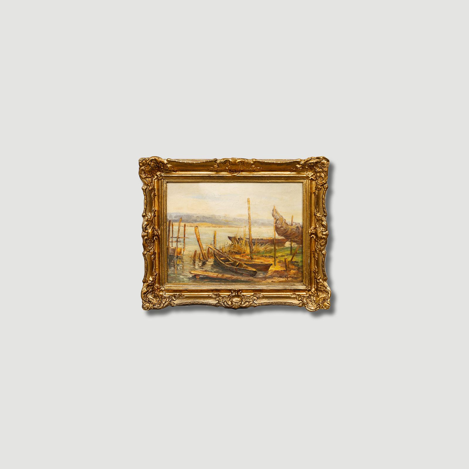 How Framed Mid 20th Century Oil, Fishing Boats On The River photo buy