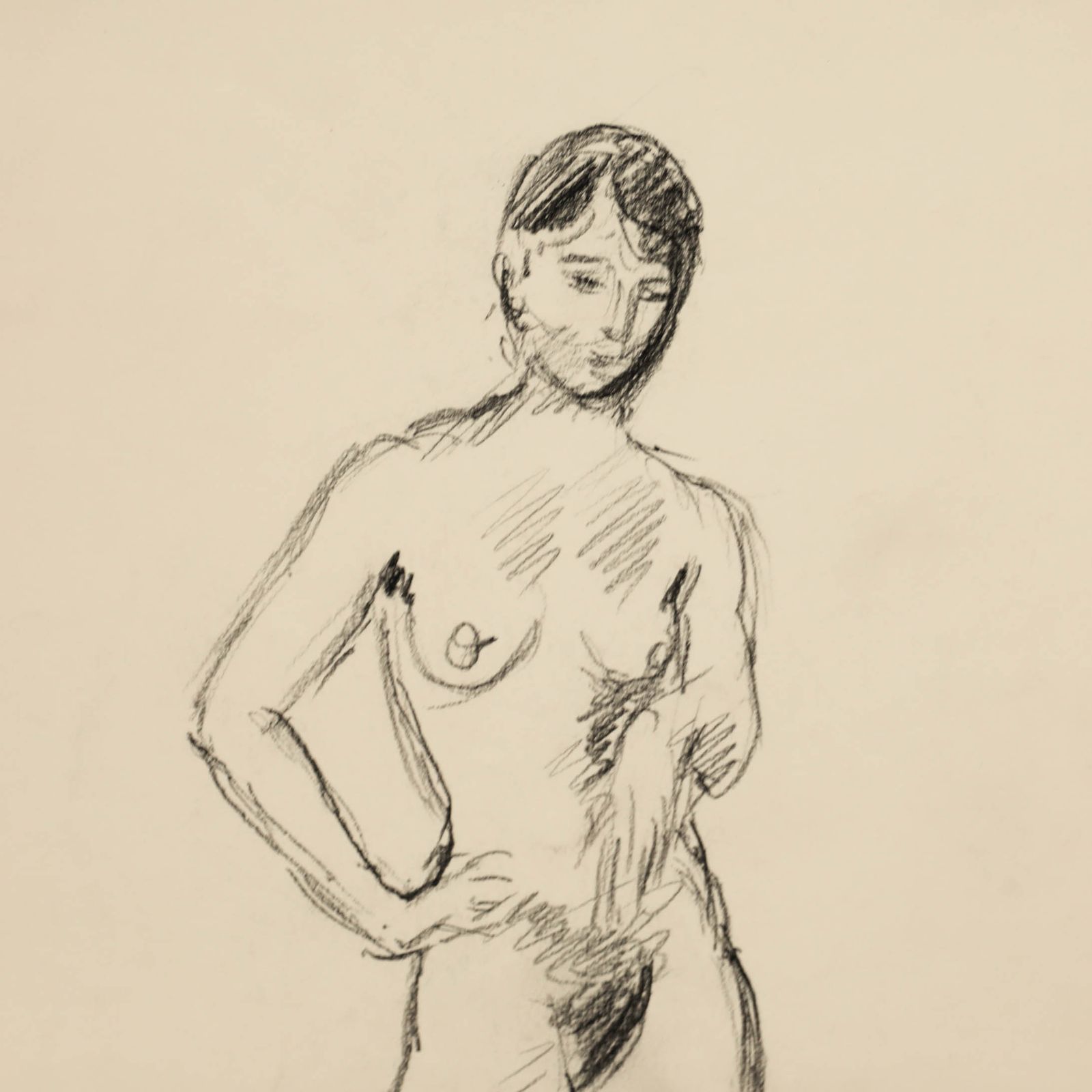 Georges Pacouil (1903 1996) Mid 20th Century Charcoal Drawing, Standing Nude photo Art
