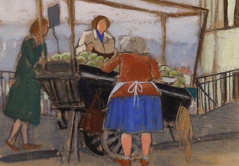 Georges Pacouil (1903 1996) Framed Mid 20th Century Gouache, The Fruit Cart photo furniture