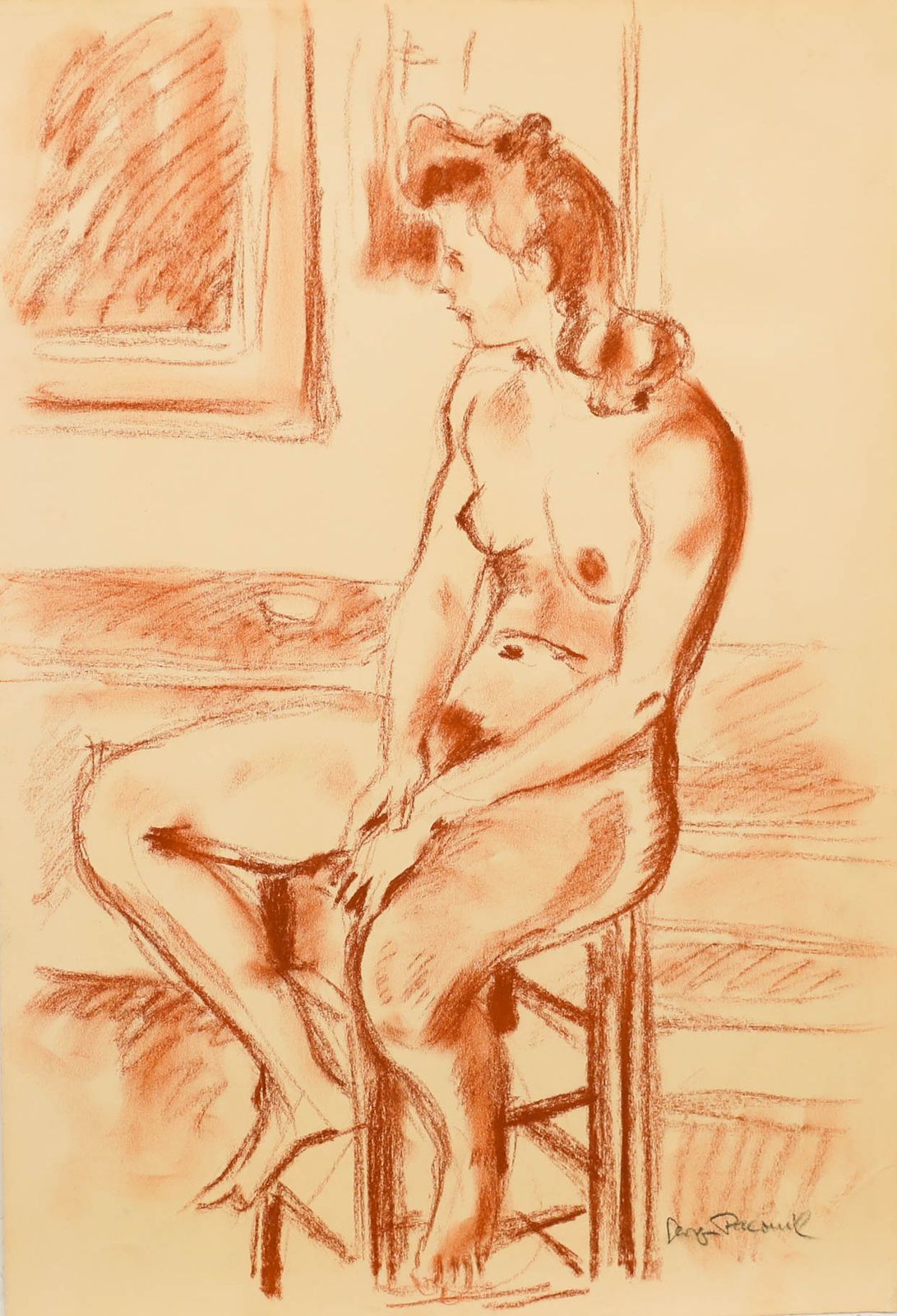 Georges Pacouil (1903 1996) Mid 20th Century Sanguine, Nude In The Studio