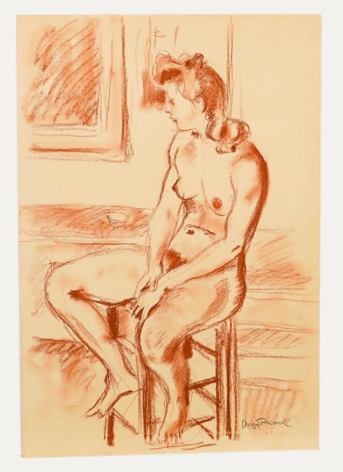 Georges Pacouil (1903 1996) Mid 20th Century Sanguine, Nude In The Studio photo furniture