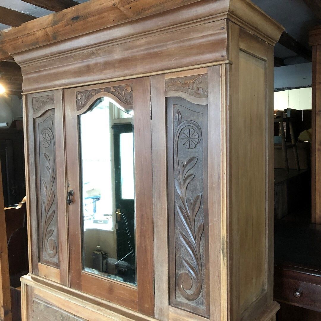 photo furniture Antique Satinwood Tall Mirrored Cupboard Over Drawers 1910s