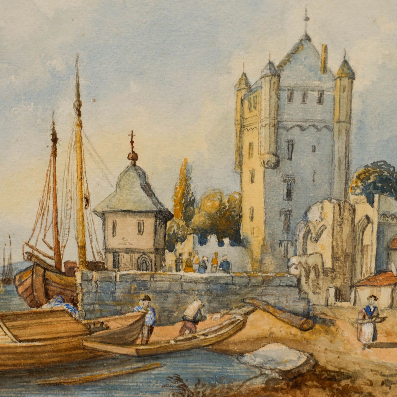 19th Century Watercolour Continental Coastal Town photo Art