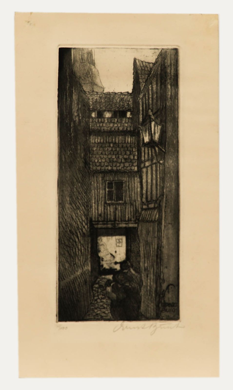 Ernst Busch Early 20th Century Etching, Back Alley In Berlin photo furniture