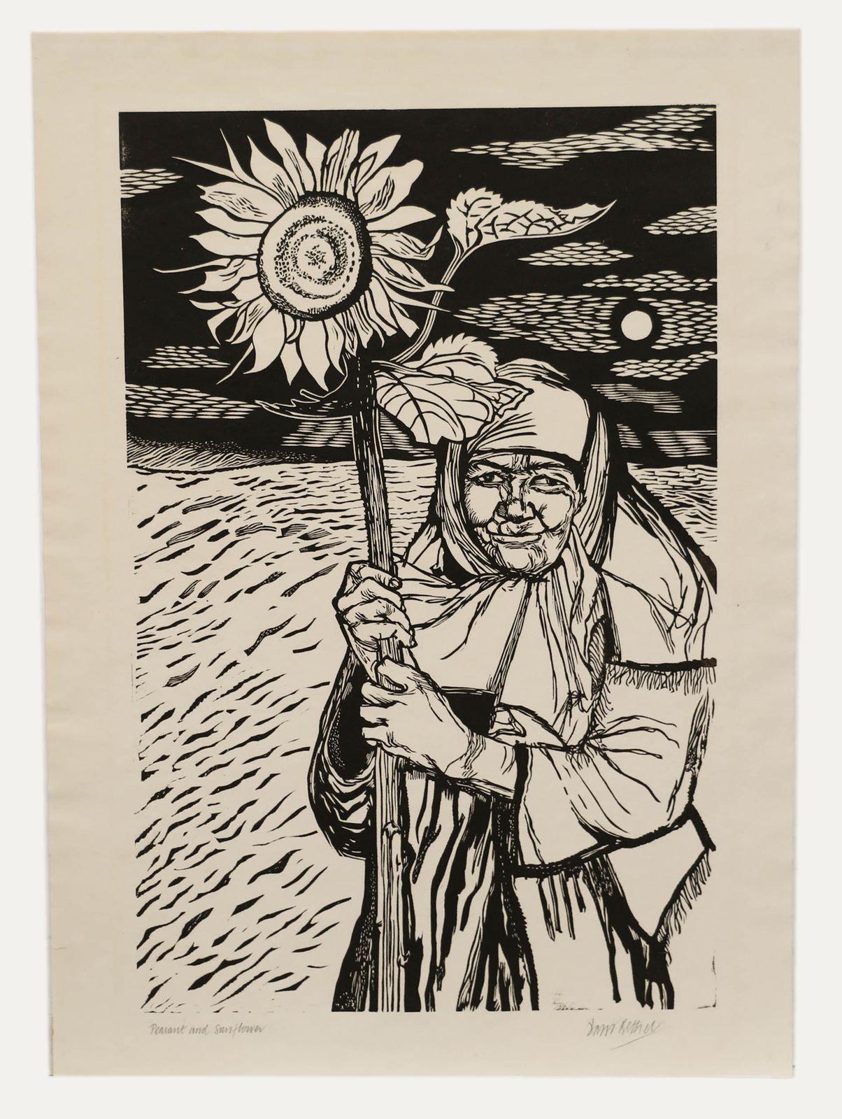 David Bethel (1923 2006) Mid 20th Century Linoprint, Peasant And Sunflower photo furniture