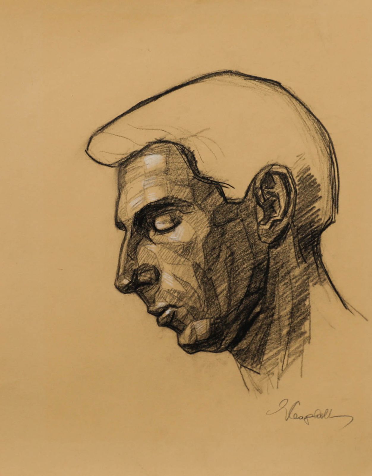 E.P. Clapholt 20th Century Charcoal Drawing, Man In Profile