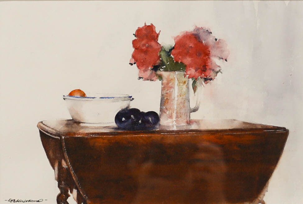 Rob Williams Contemporary Watercolour, Still Life Of Table Flowers & Fruit photo furniture