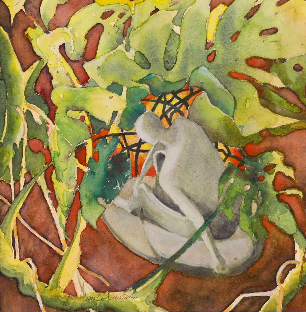 June Bevan (B.1927) 20th Century Watercolour, Stone Maiden And Cheese Plant photo furniture