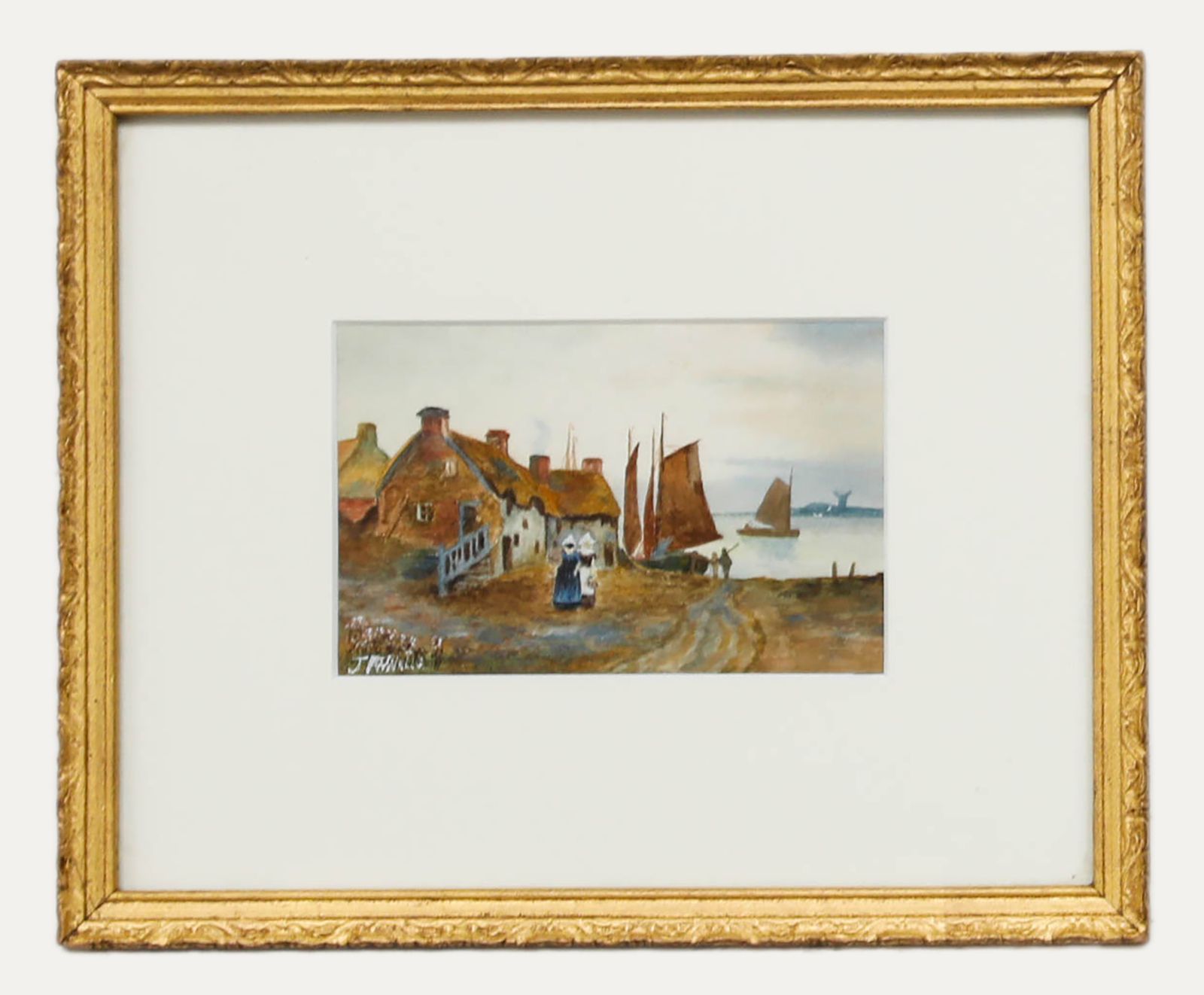 J. A. Wells 19th Century Watercolour, Coastal Town