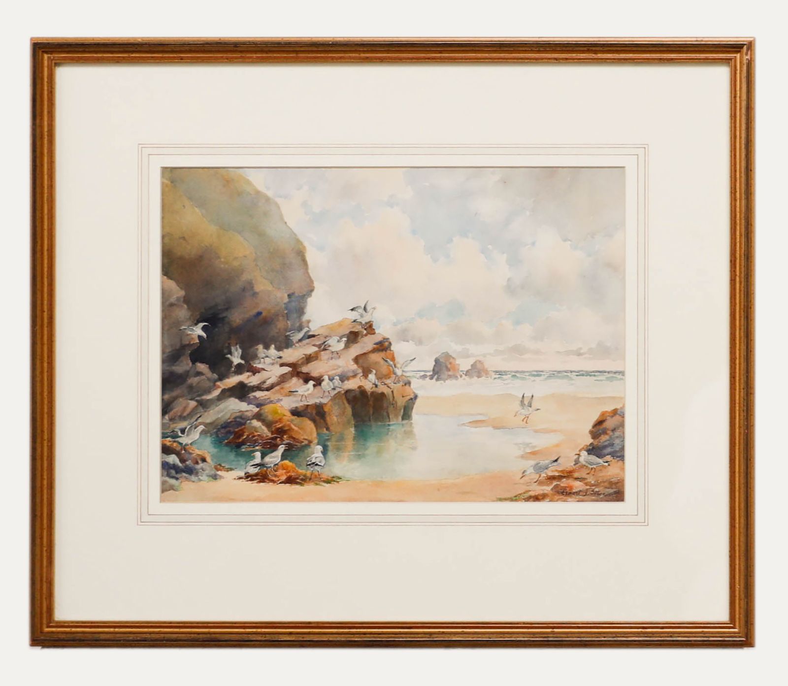 Ernest James Stone C.1914 Watercolour, Gulls And Rocks, Trevone
