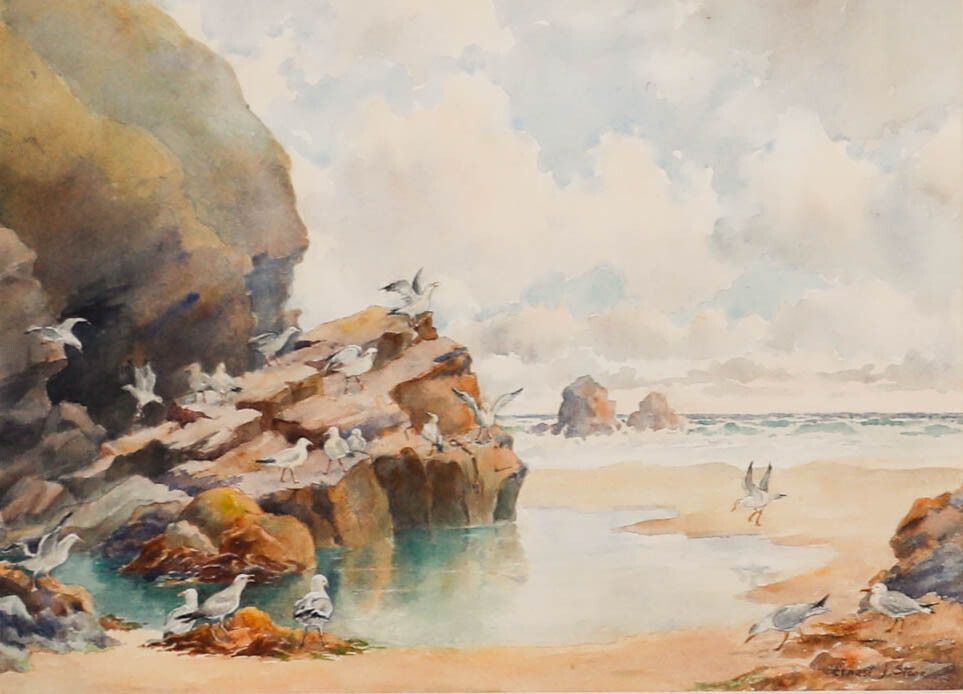 Ernest James Stone C.1914 Watercolour, Gulls And Rocks, Trevone photo furniture
