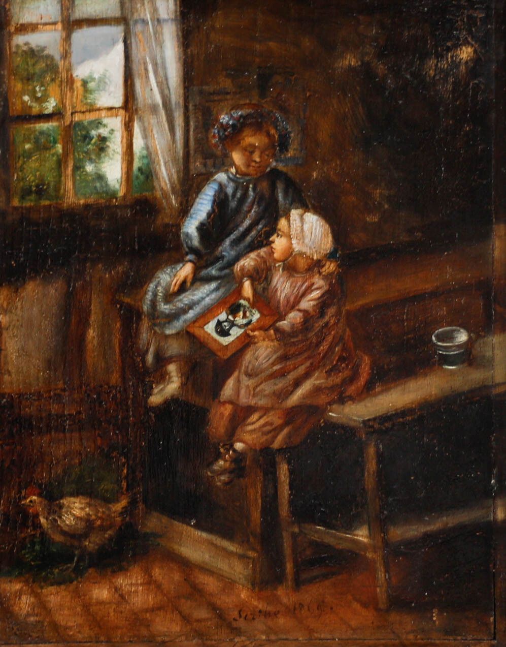 Framed Mid 19th Century Oil Two Children In An Interior photo furniture